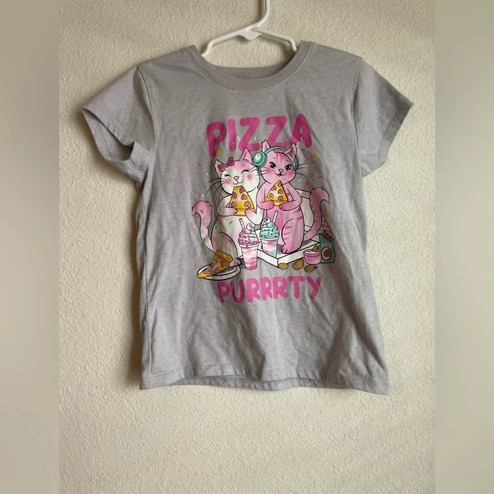 The Children's Place Gray and Pink Cat Pizza Purrrty Short Sleeve Tee size 5/6